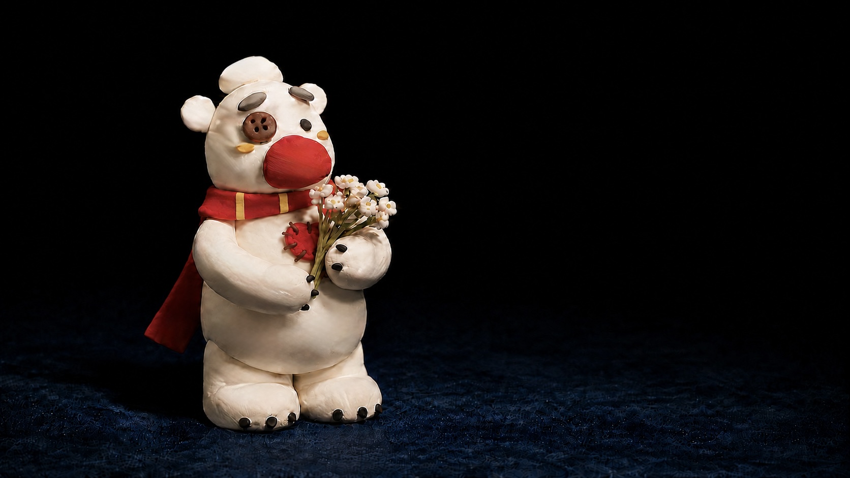 Lonely Bear holding white flowers